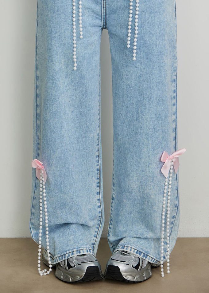 Elegant Blue High Waist Bow Pearl Tassel Wide Leg Jeans