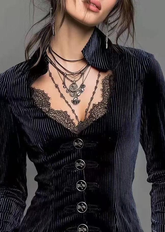 Elegant Blue Lave Button Patchwork Spandex Shirts Spring
