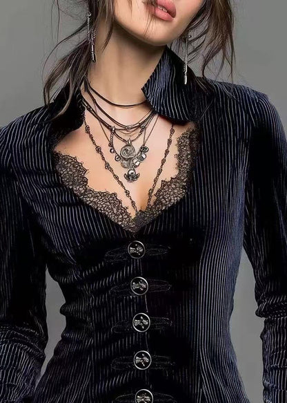 Elegant Blue Lave Button Patchwork Spandex Shirts Spring