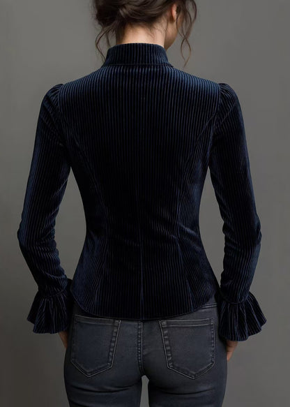 Elegant Blue Lave Button Patchwork Spandex Shirts Spring