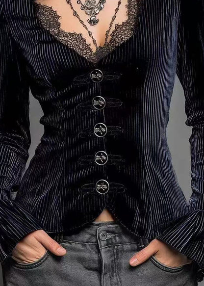 Elegant Blue Lave Button Patchwork Spandex Shirts Spring