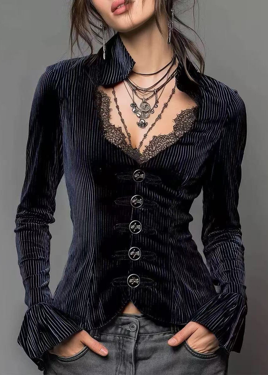 Elegant Blue Lave Button Patchwork Spandex Shirts Spring
