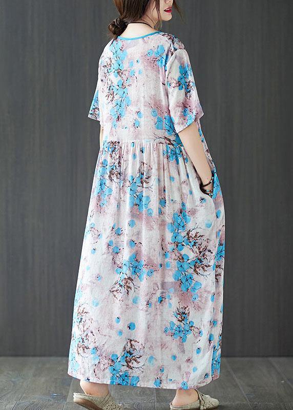 Elegant Blue Loose Patchwork Pockets Summer Vacation Dress Short Sleeve - SooLinen