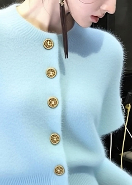 Elegant Blue O Neck Button Knit Short Sweater Winter