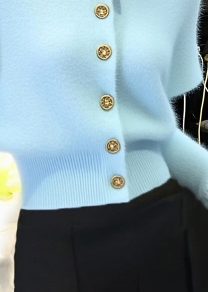 Elegant Blue O Neck Button Knit Short Sweater Winter
