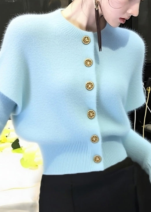 Elegant Blue O Neck Button Knit Short Sweater Winter