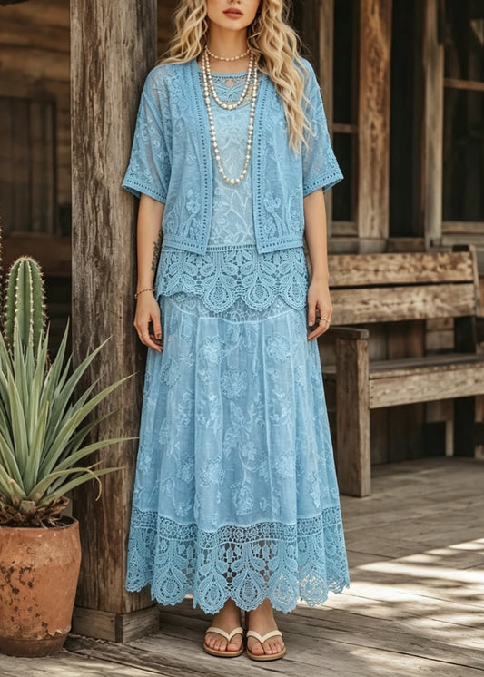 Elegant Blue O Neck Cardigans Tank And Skirts Lace Three Pieces Set Summer