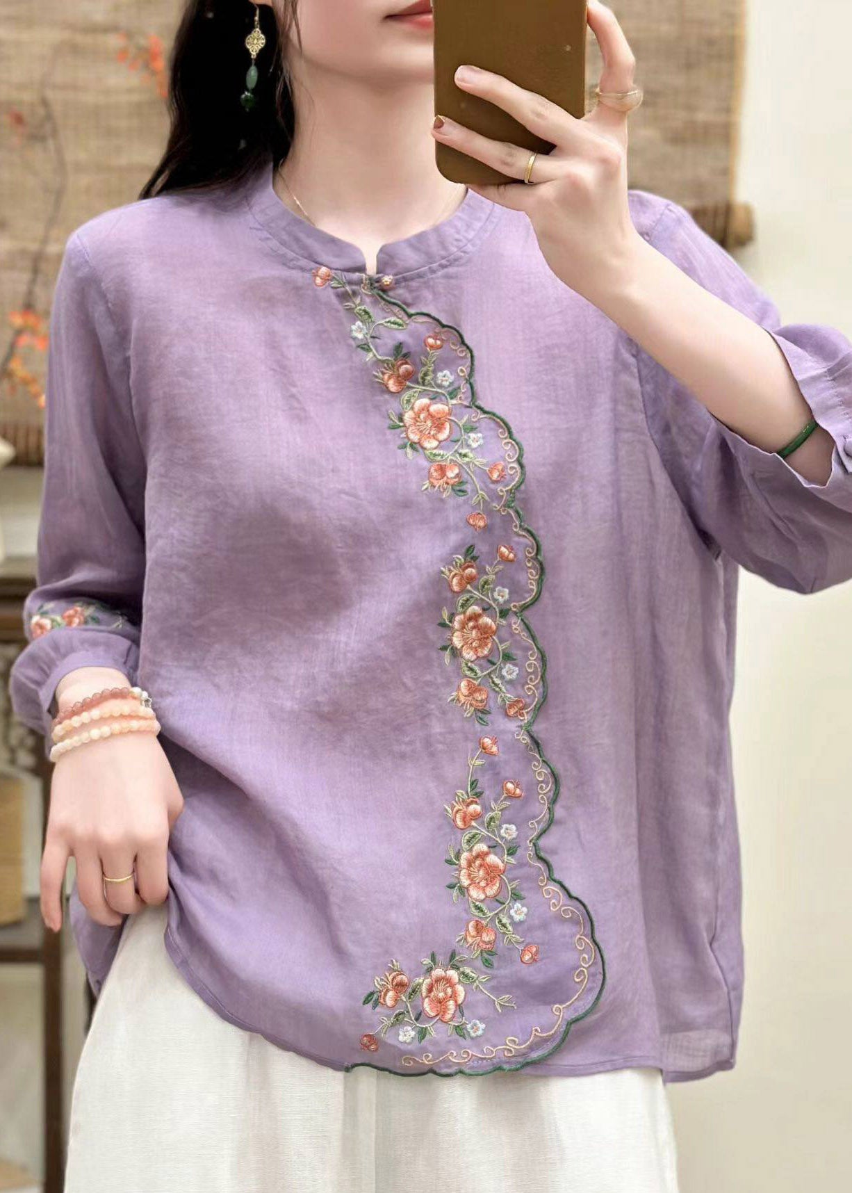 Elegant Blue O-Neck Embroidered Linen Shirt Tops Three Quarter Sleeve