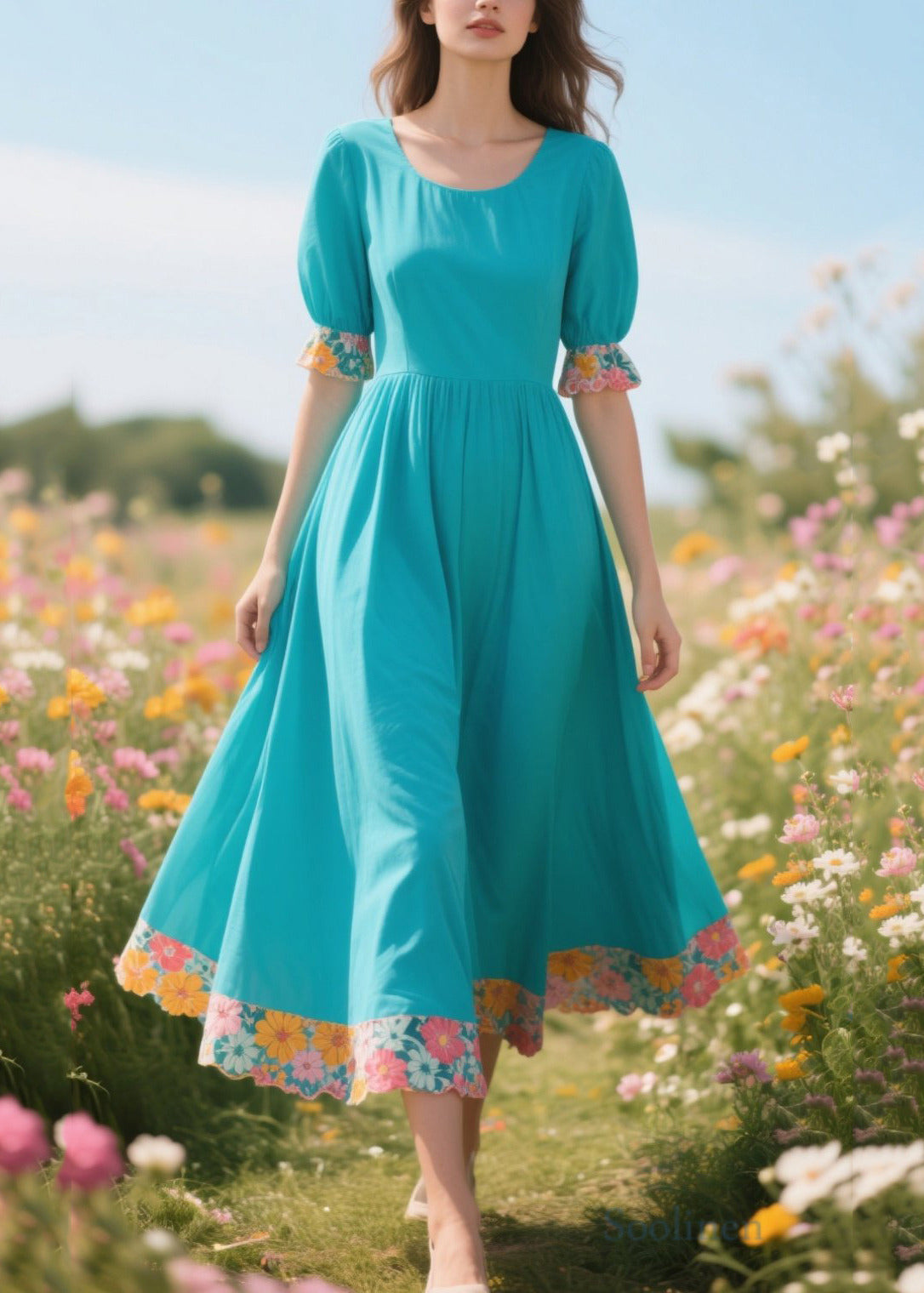 Elegant Blue O-Neck Patchwork Print Cotton Holiday Dress Summer