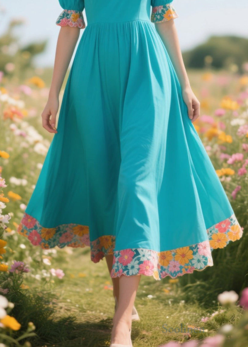 Elegant Blue O-Neck Patchwork Print Cotton Holiday Dress Summer