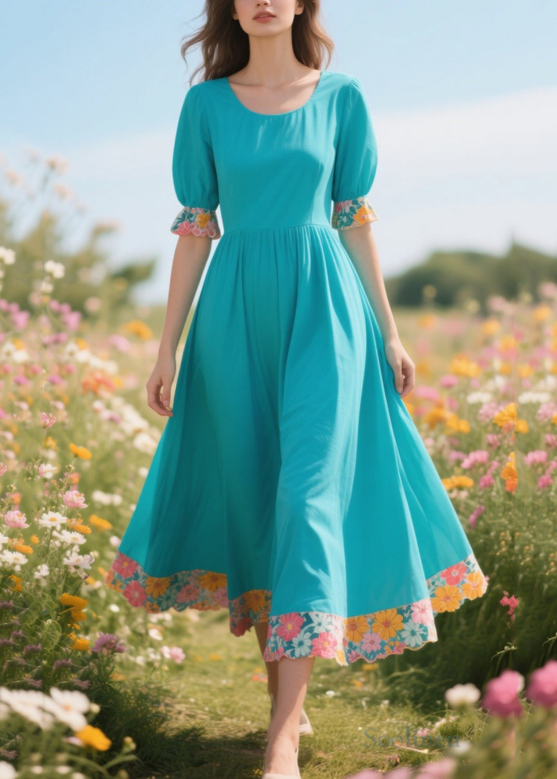 Elegant Blue O-Neck Patchwork Print Cotton Holiday Dress Summer