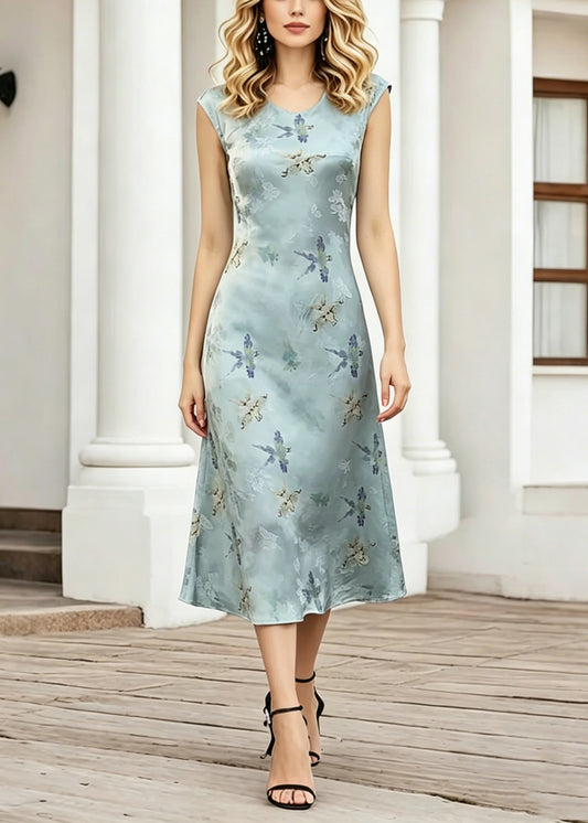 Elegant Blue O-Neck Print Long Dress Short Sleeve