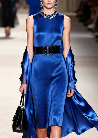 Elegant Blue O Neck Women Silk Dress Sleeveless