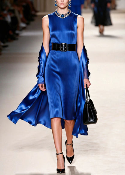 Elegant Blue O Neck Women Silk Dress Sleeveless