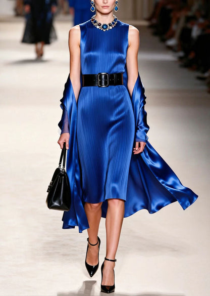 Elegant Blue O Neck Women Silk Dress Sleeveless
