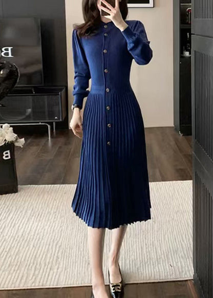 Elegant Blue O Neck Wrinkled Knit Sweaters Dress Winter