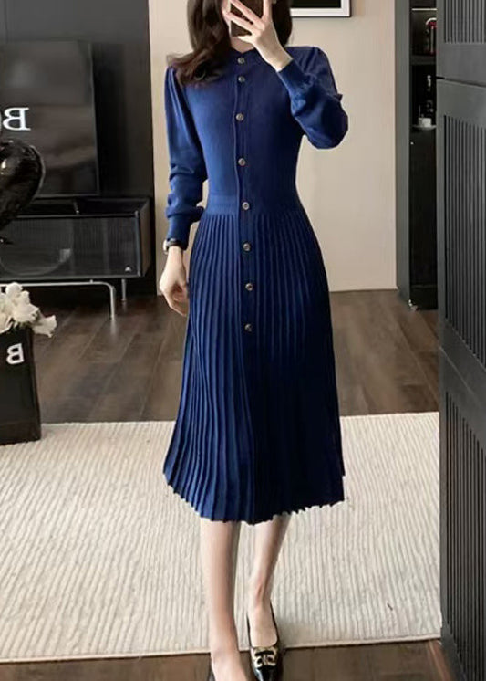 Elegant Blue O Neck Wrinkled Knit Sweaters Dress Winter