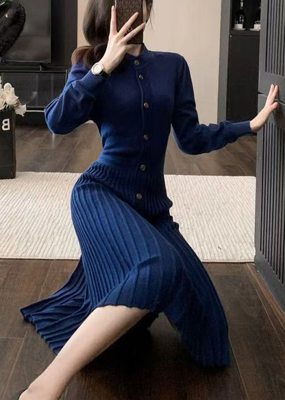 Elegant Blue O Neck Wrinkled Knit Sweaters Dress Winter