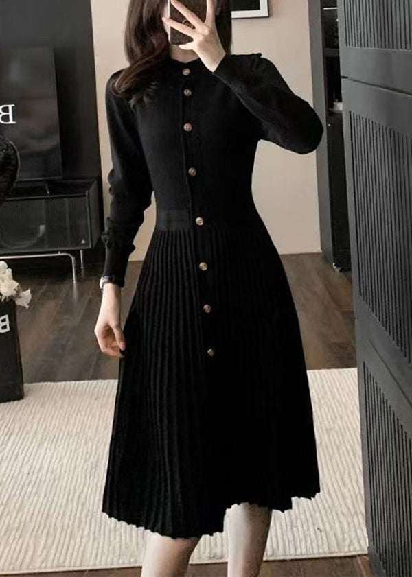 Elegant Blue O Neck Wrinkled Knit Sweaters Dress Winter