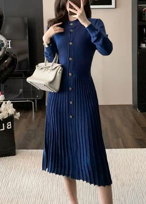 Elegant Blue O Neck Wrinkled Knit Sweaters Dress Winter
