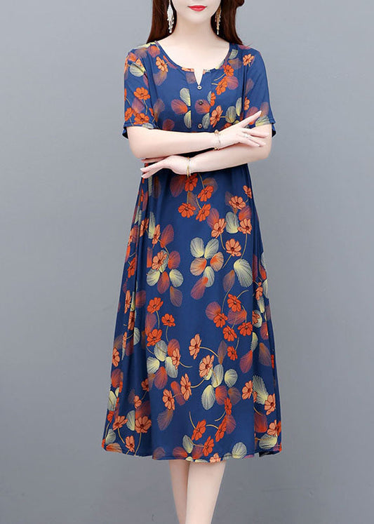 Elegant Blue O-Neck Wrinkled Print Cotton Cinch Dresses Short Sleeve