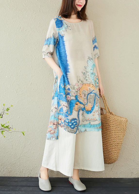 Elegant Blue Oversized Print Linen Dresses Summer