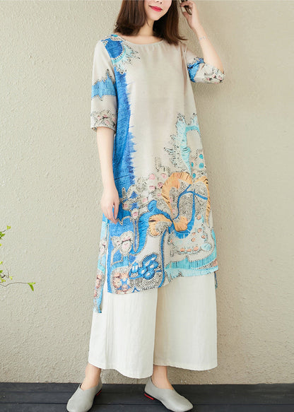 Elegant Blue Oversized Print Linen Dresses Summer
