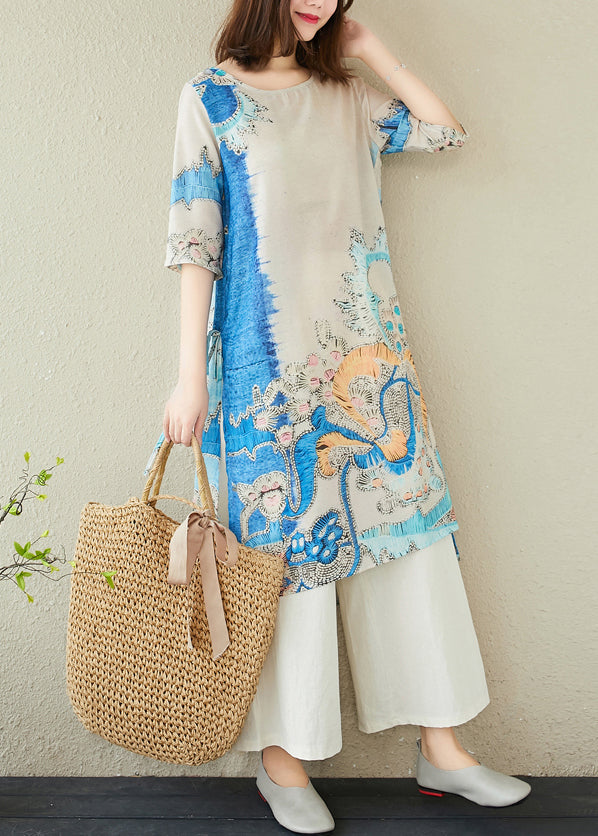 Elegant Blue Oversized Print Linen Dresses Summer