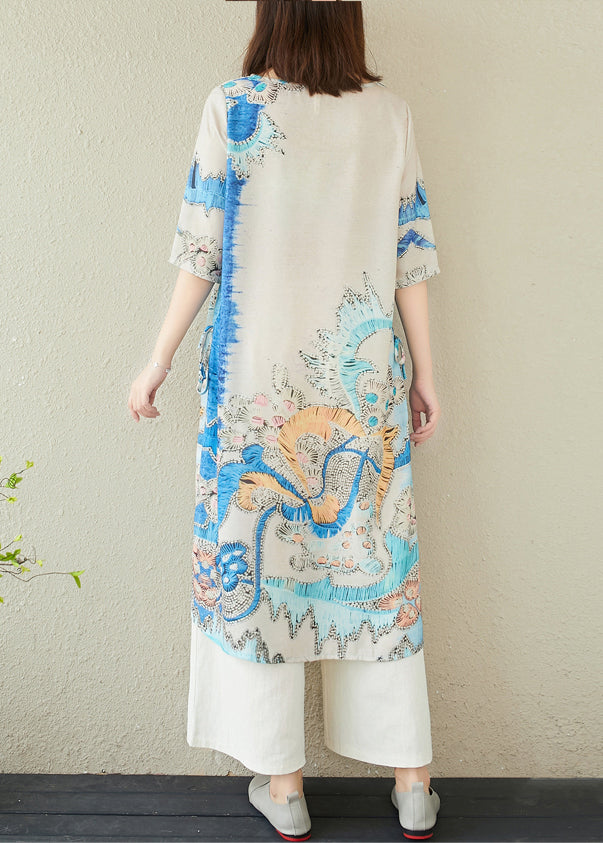 Elegant Blue Oversized Print Linen Dresses Summer