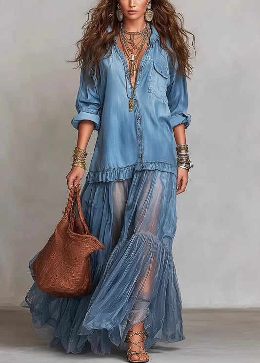 Elegant Blue Peter Pan Collar Patchwork Denim Dress Summer