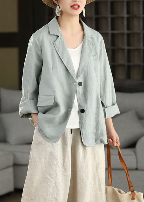 Elegant Blue Peter Pan Collar Pockets Linen Jacket Spring