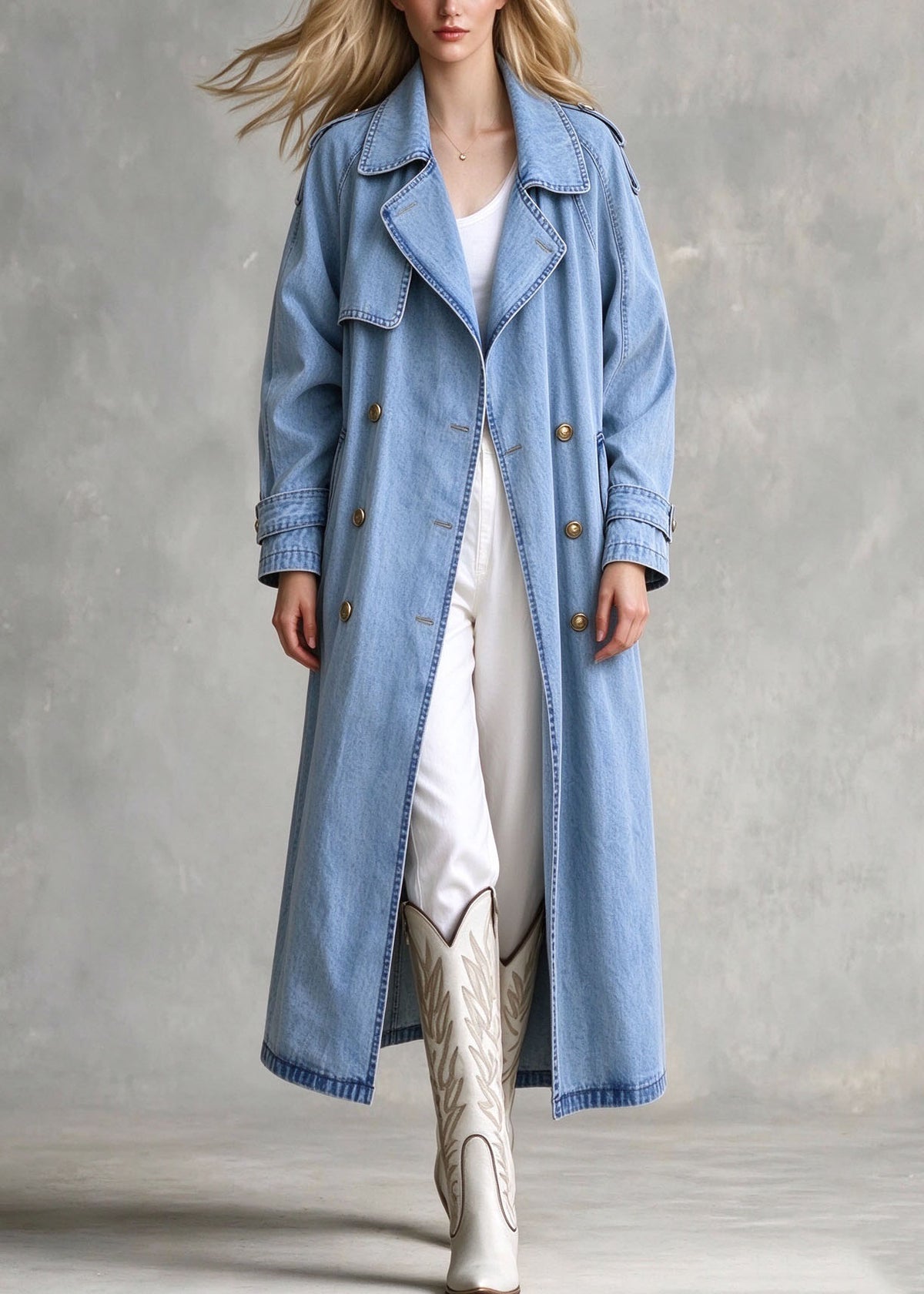 Elegant Blue Peter Pan Collar Pockets Patchwork Denim Trench Fall