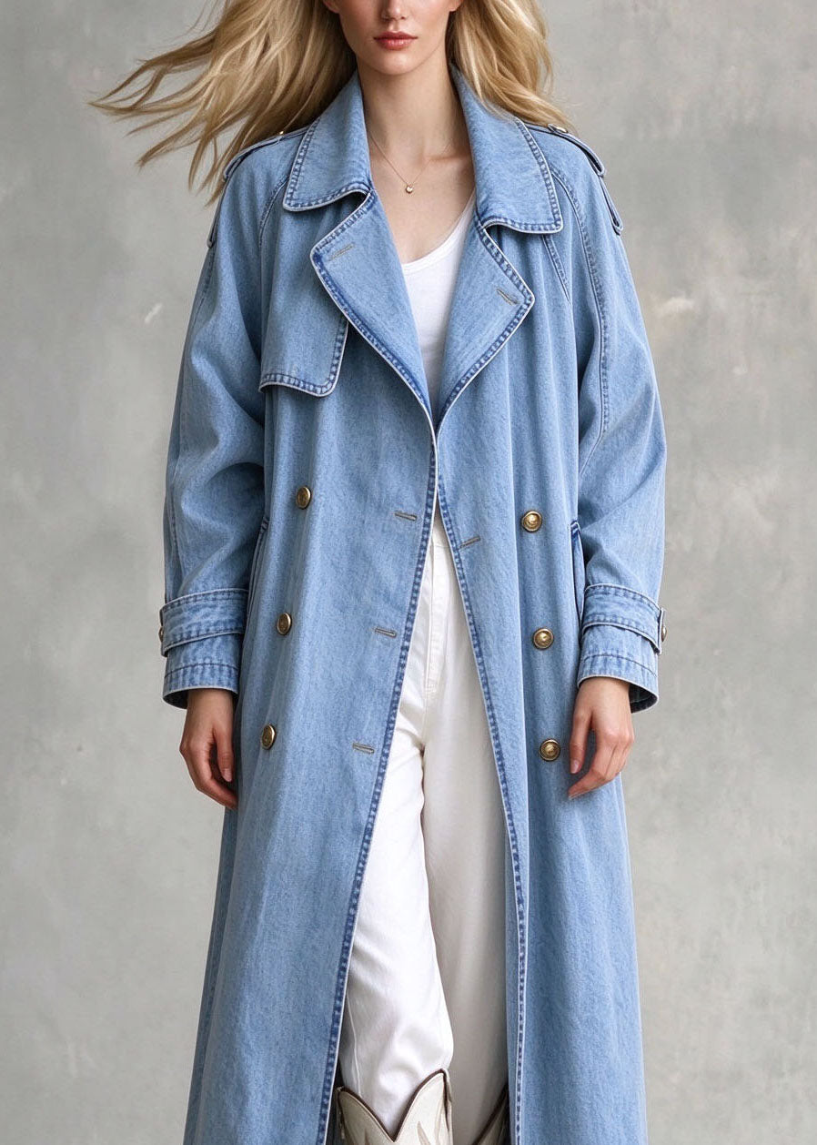Elegant Blue Peter Pan Collar Pockets Patchwork Denim Trench Fall