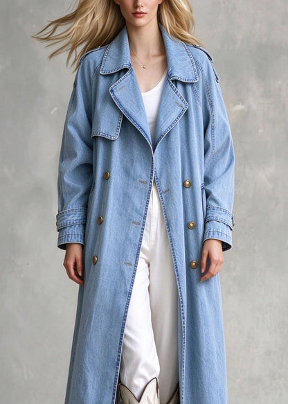 Elegant Blue Peter Pan Collar Pockets Patchwork Denim Trench Fall