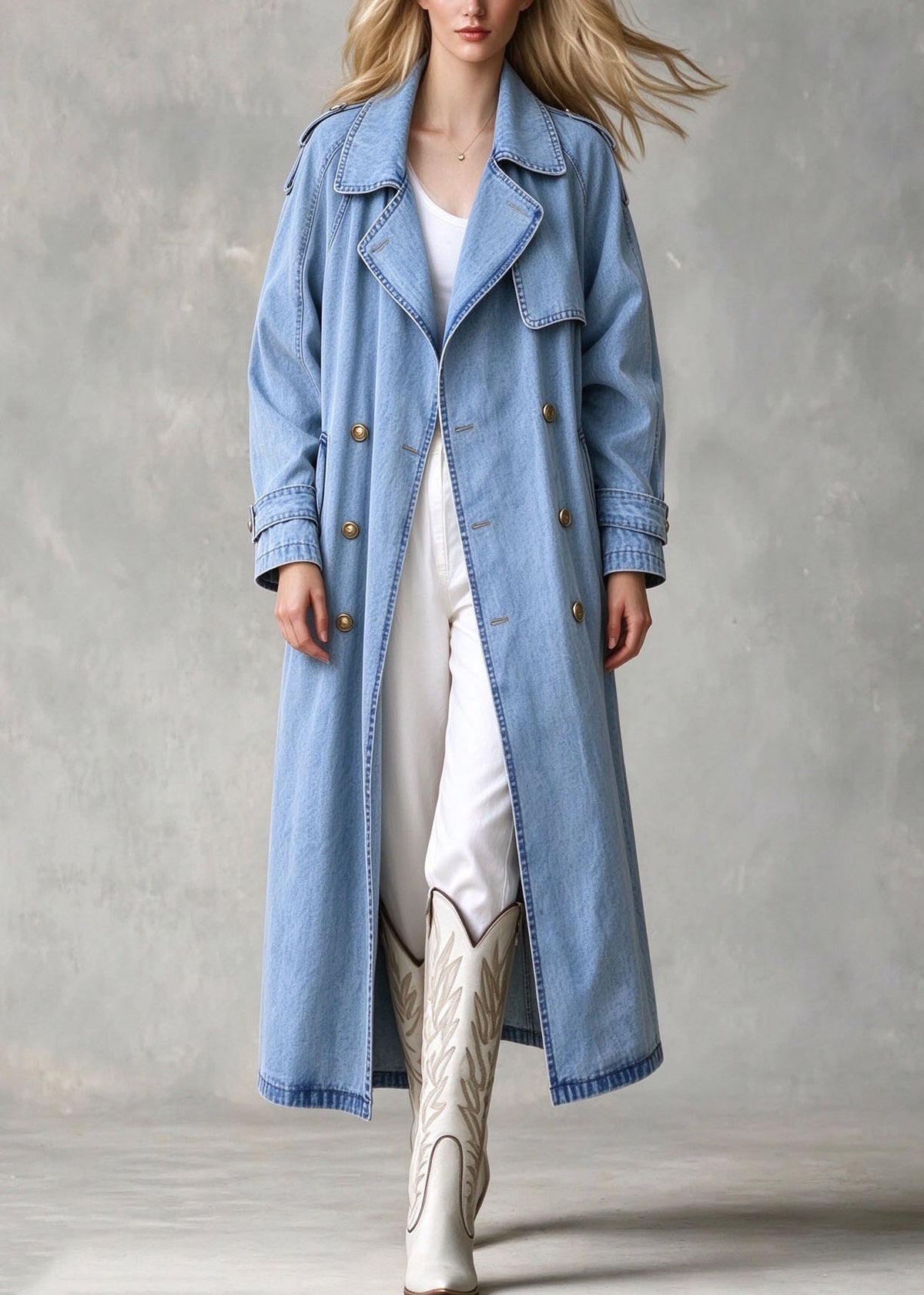 Elegant Blue Peter Pan Collar Pockets Patchwork Denim Trench Fall
