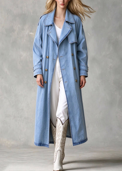 Elegant Blue Peter Pan Collar Pockets Patchwork Denim Trench Fall