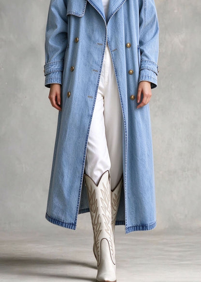 Elegant Blue Peter Pan Collar Pockets Patchwork Denim Trench Fall
