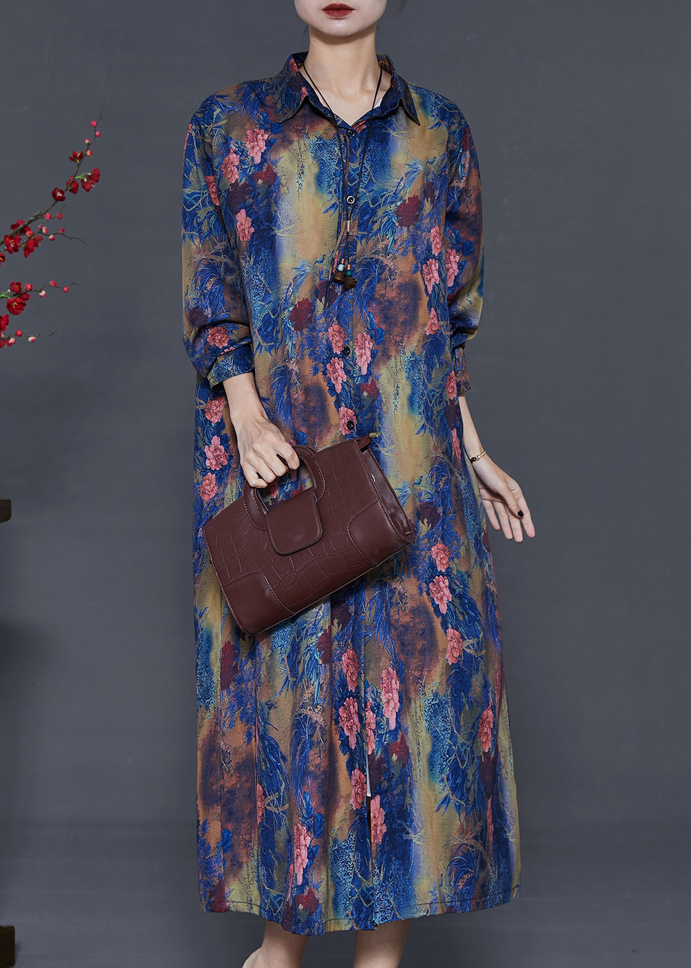 Elegant Blue Peter Pan Collar Tie Dye Silk Shirt Dress Summer