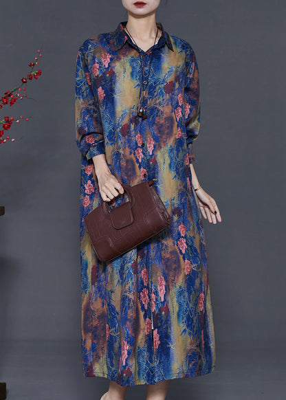 Elegant Blue Peter Pan Collar Tie Dye Silk Shirt Dress Summer