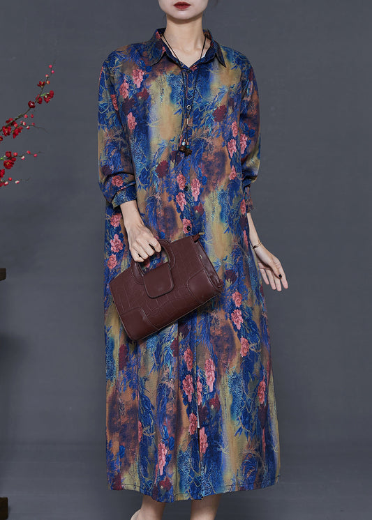 Elegant Blue Peter Pan Collar Tie Dye Silk Shirt Dress Summer