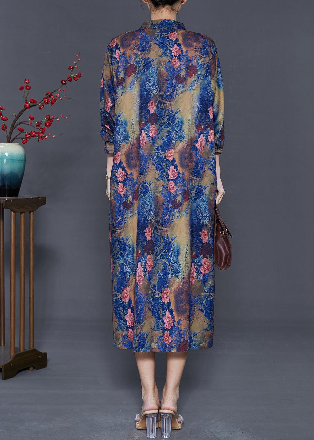 Elegant Blue Peter Pan Collar Tie Dye Silk Shirt Dress Summer