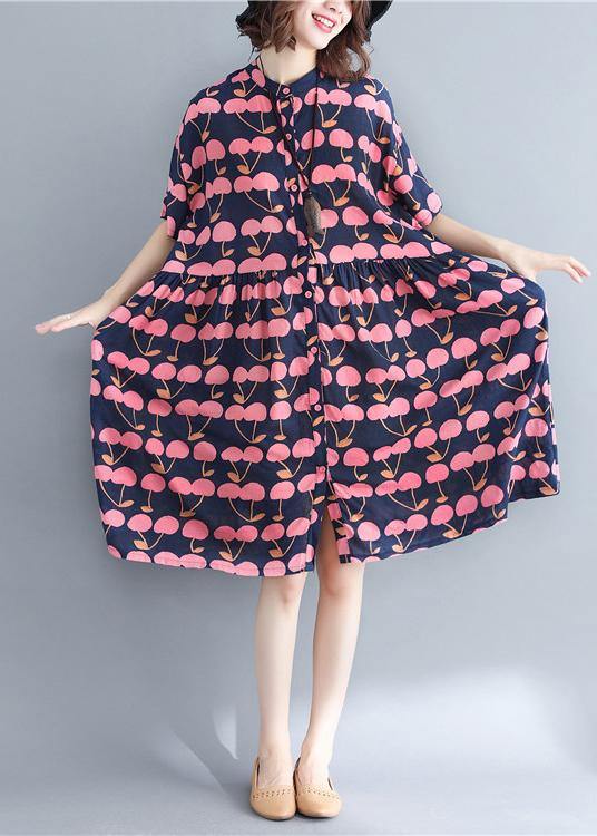 Elegant Blue Print Cotton Button Summer Ankle Dress - SooLinen