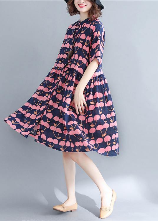 Elegant Blue Print Cotton Button Summer Ankle Dress - SooLinen