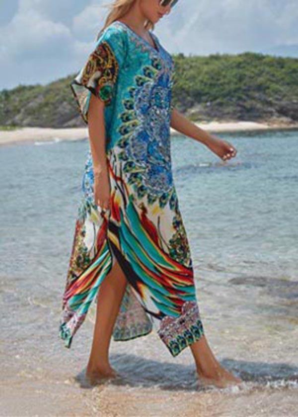 Elegant Blue Print Cotton V Neck Beach Gown Ankle Dress - SooLinen