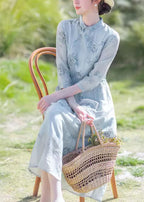 Elegant Blue Print Drawstring Chiffon Long Dress Summer