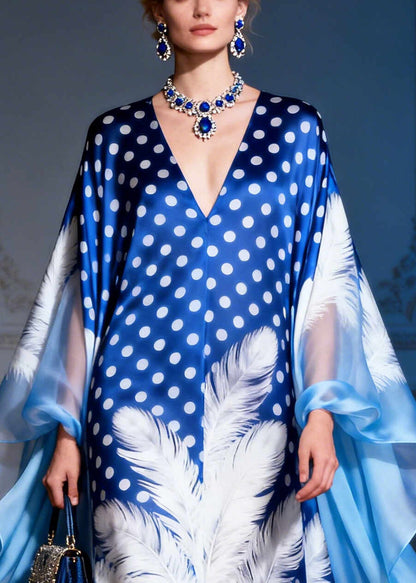 Elegant Blue Print Exra Large Hem Low High Design Silk Evening Dress Summer