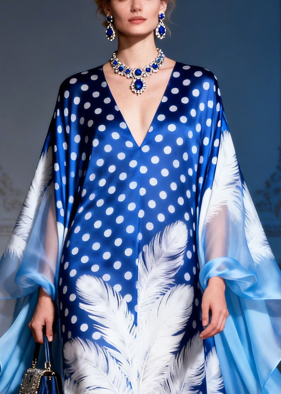 Elegant Blue Print Exra Large Hem Low High Design Silk Evening Dress Summer