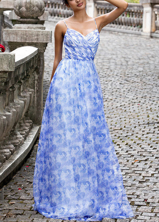 Elegant Blue Print Lace Up Chiffon Spaghetti Strap Dress Sleeveless