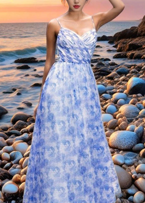 Elegant Blue Print Lace Up Chiffon Spaghetti Strap Dress Sleeveless