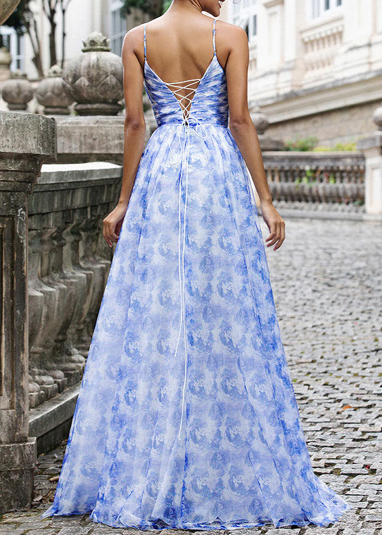 Elegant Blue Print Lace Up Chiffon Spaghetti Strap Dress Sleeveless